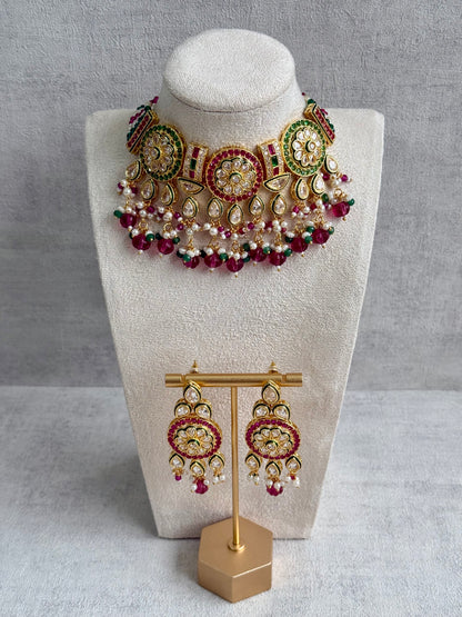 Ayura Designs Yasvi Set – Necklace & Earrings with Mirror-Cut Stones, Fuchsia Pink, Emerald Green & Pearl Detailing