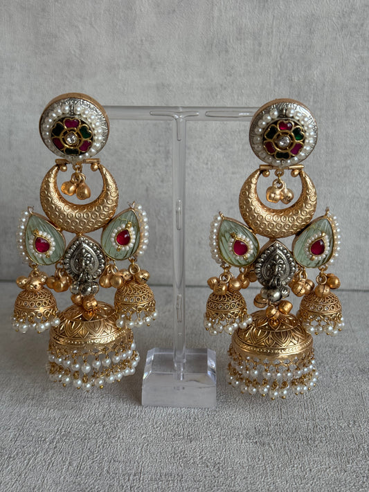Ayura Designs Wajiha Earrings – Antique Gold Chandbalis with Meenakari Studs, Crescent Drops, Mint Enamel Petals & Layered Pearl Jhumkas