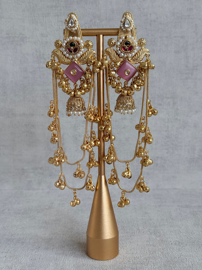 Ayura Designs Simal Earrings – Kashmiri Earrings with Pink Stone, Multicoloured Detailing, Layered Ghungroo Chains & Jhumkis