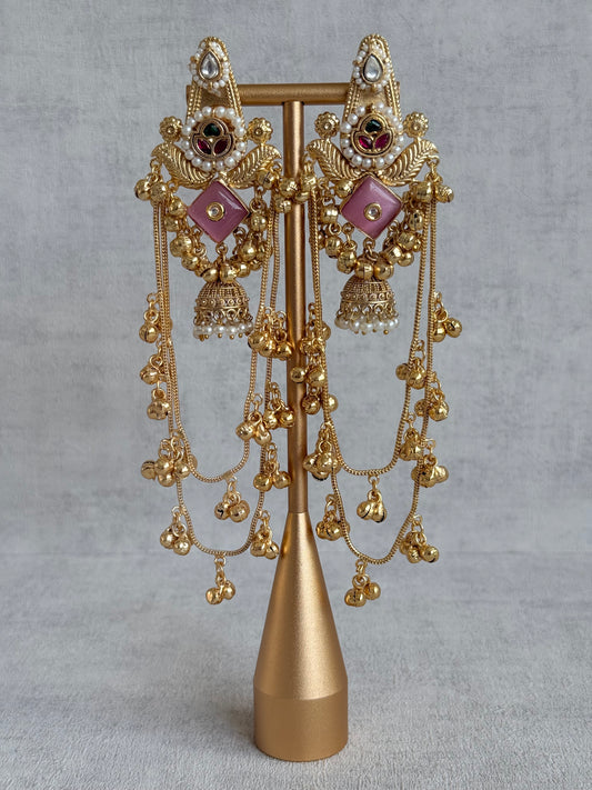 Ayura Designs Simal Earrings – Kashmiri Earrings with Pink Stone, Multicoloured Detailing, Layered Ghungroo Chains & Jhumkis