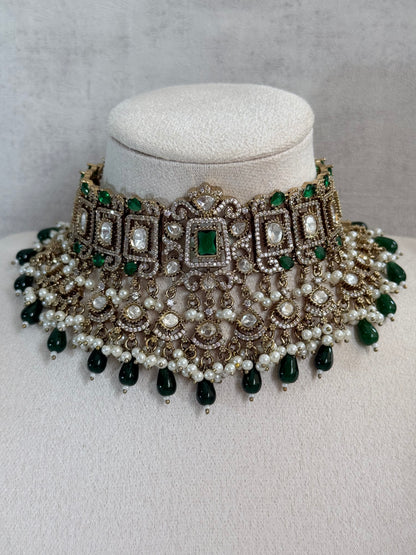 Ayura Designs Aisha Choker Set with Earrings & Tikka – Emerald Green Stones, Polki & Pearl Detailing