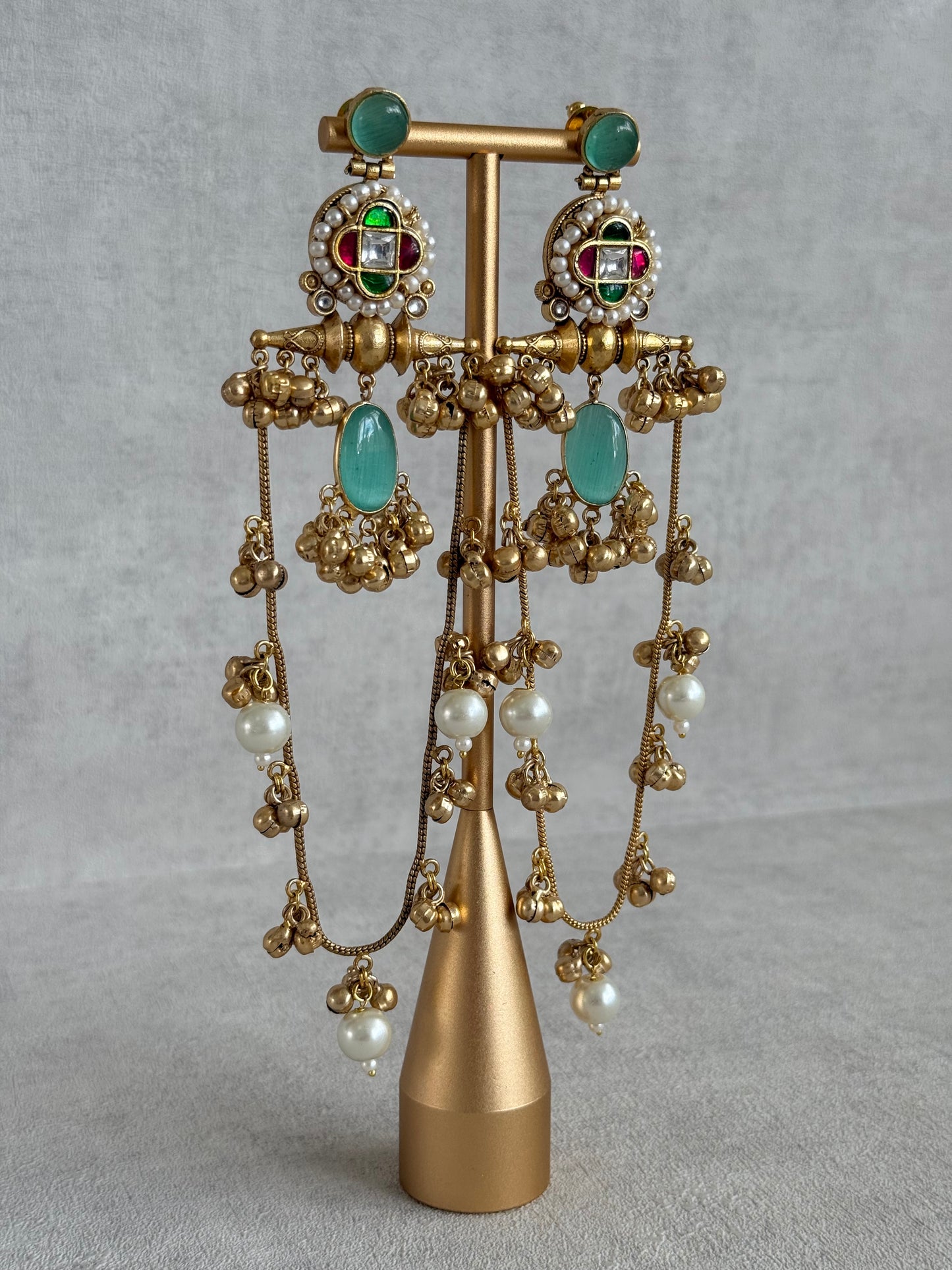 Ayura Designs Kashifa Earrings – Kashmiri Earrings with Mint Green Stone, Ghungroo Detailing & Pearl Drops