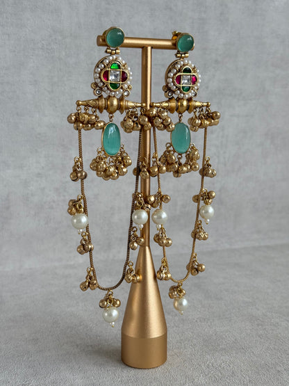 Ayura Designs Kashifa Earrings – Kashmiri Earrings with Mint Green Stone, Ghungroo Detailing & Pearl Drops