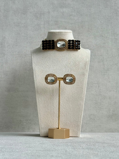 Ayura Designs Emma Choker Set – Black Gemstone Choker & Studs with Mirror-Cut Centrepiece, Pearl Strands & Crystal Borders