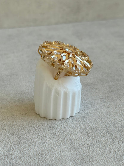 Ayura Designs Elisa Adjustable Ring – Moissanite Floral Ring with Clear Crystal Centre & Crystal Border