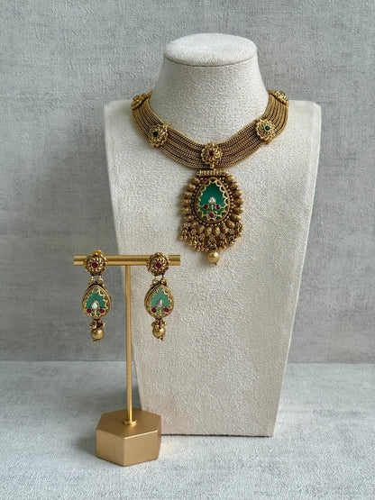 Ayura Designs Ishani Set – Necklace & Earrings with Antique Gold Finish, Pistachio Enamel, Ruby & Polki Detailing