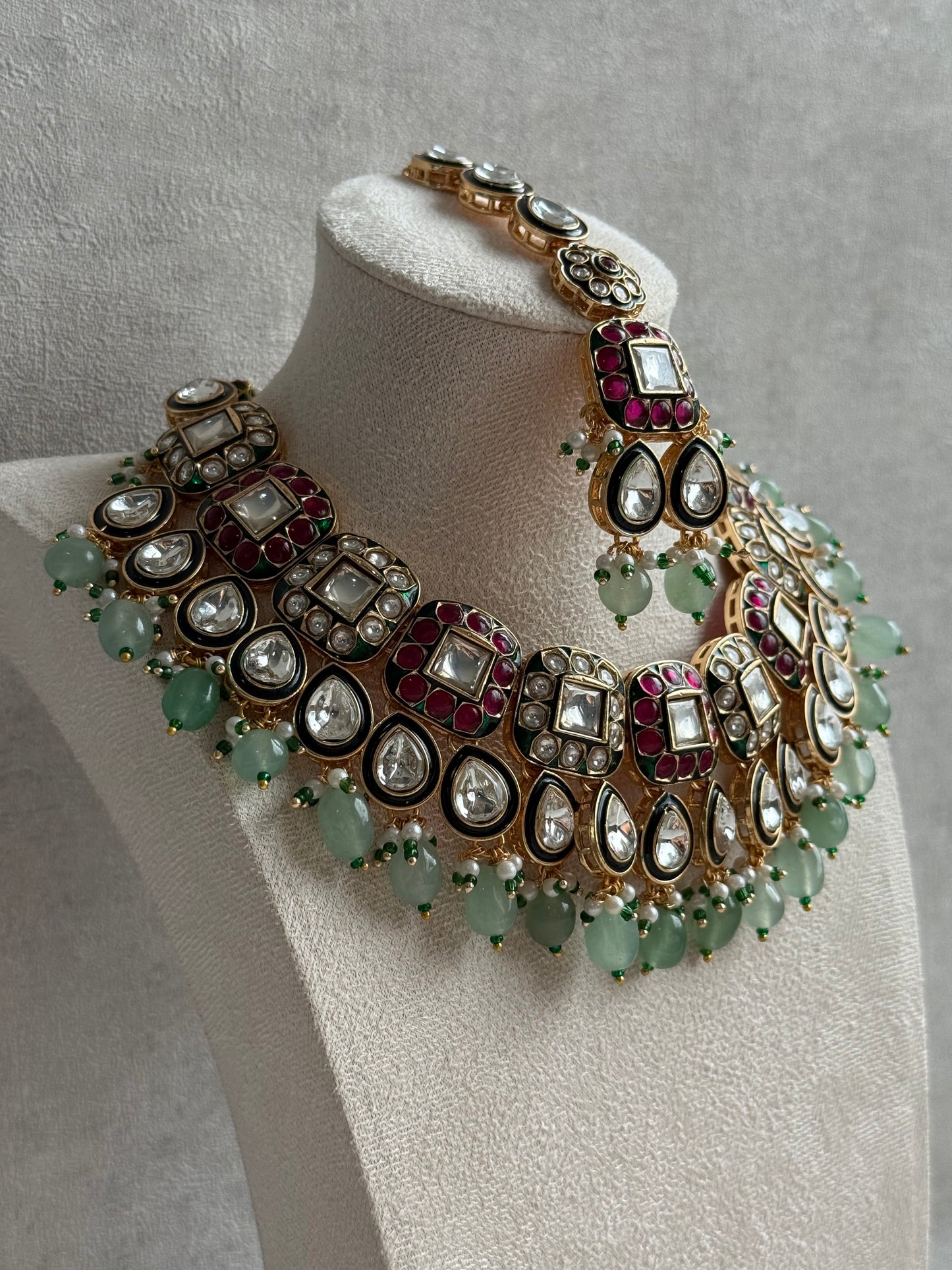Ayura Designs Salma Set – Necklace, Earrings & Tikka with Mirror-Cut Kundan, Pink & Mint Beads, Emerald Green Meenakari & Gold Finish