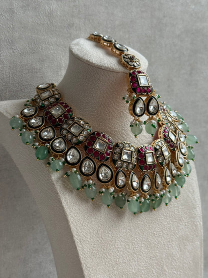 Ayura Designs Salma Set – Necklace, Earrings & Tikka with Mirror-Cut Kundan, Pink & Mint Beads, Emerald Green Meenakari & Gold Finish