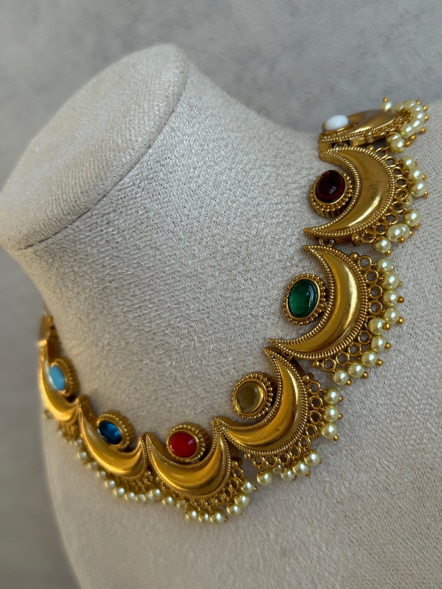 Ayura Designs Laksha Set with Earrings – Antique Gold Crescent Motifs, Multicolour Stones & Pearl Detailing