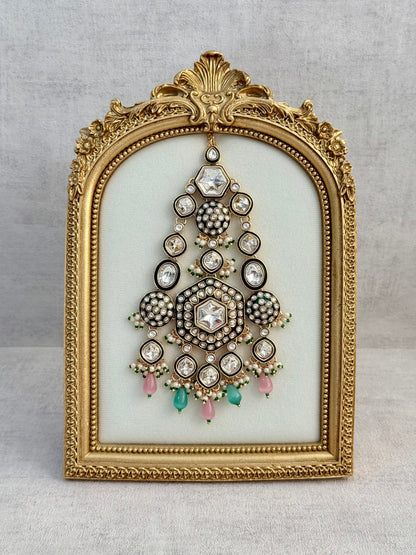 Ayura Designs Visha Jhoomar Passa – Polki Kundan with Blush Pink & Aqua Blue Drops and Pearl Detailing