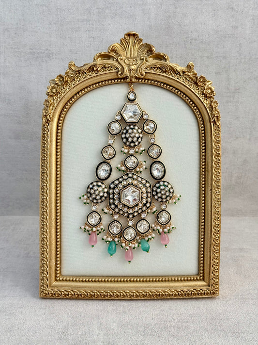 Ayura Designs Visha Jhoomar Passa – Polki Kundan with Blush Pink & Aqua Blue Drops and Pearl Detailing
