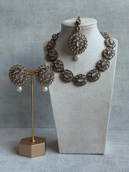 Ayura Designs Sania Set with Necklace, Earrings & Tikka – Blush Pink Stones, Kundan Detailing & Antique Gold Finish