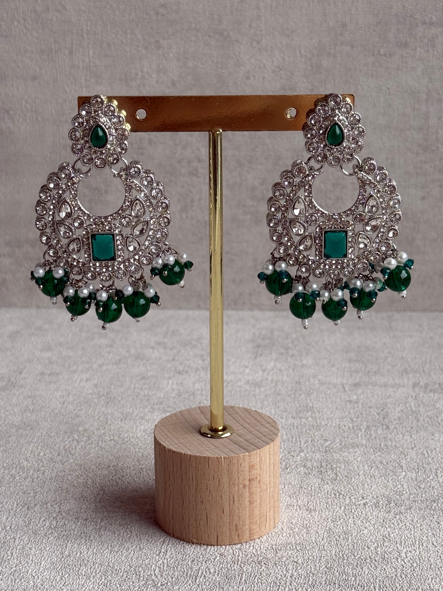 Ayura Designs Nandhini Set – Choker, Earrings & Tikka with Emerald Green Stones, Pearls & Silver Finish