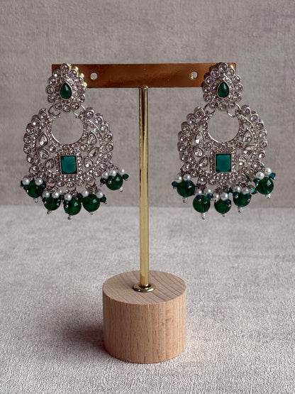Ayura Designs Nandhini Set – Choker, Earrings & Tikka with Emerald Green Stones, Pearls & Silver Finish