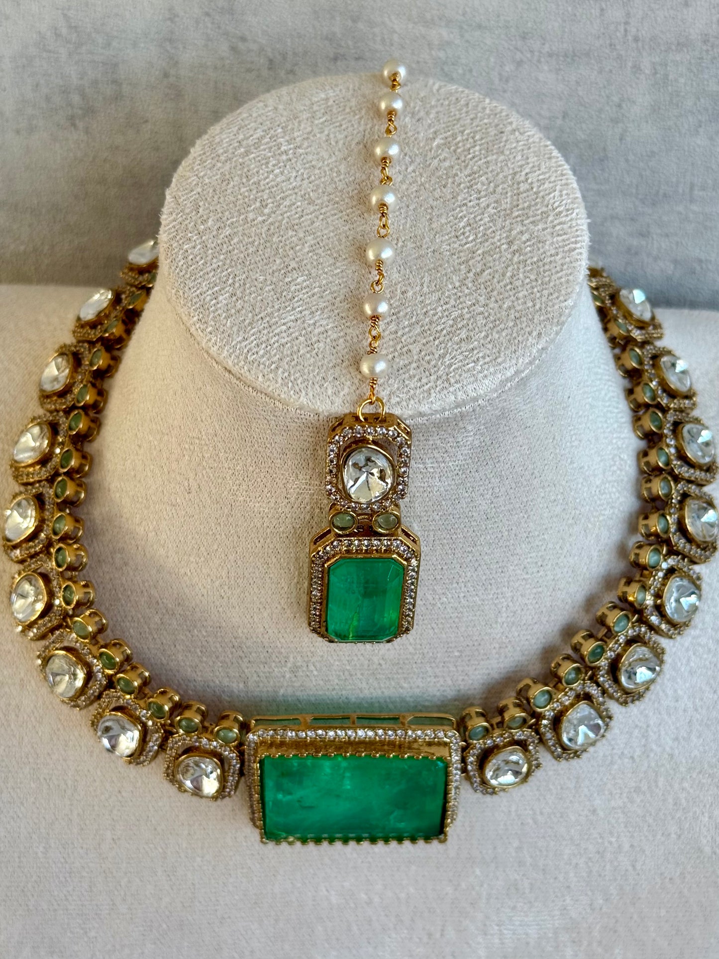 Ayura Designs Clara Set with Earrings & Tikka — Jade Green Moissanite Stones and Antique Gold Finish