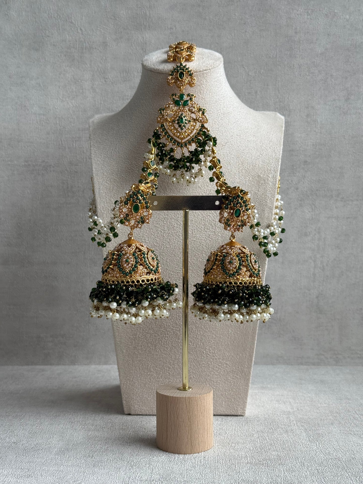 Ayura Designs Safia Tikka Set with Sahare Earrings – Emerald Green Beads & Champagne Crystals