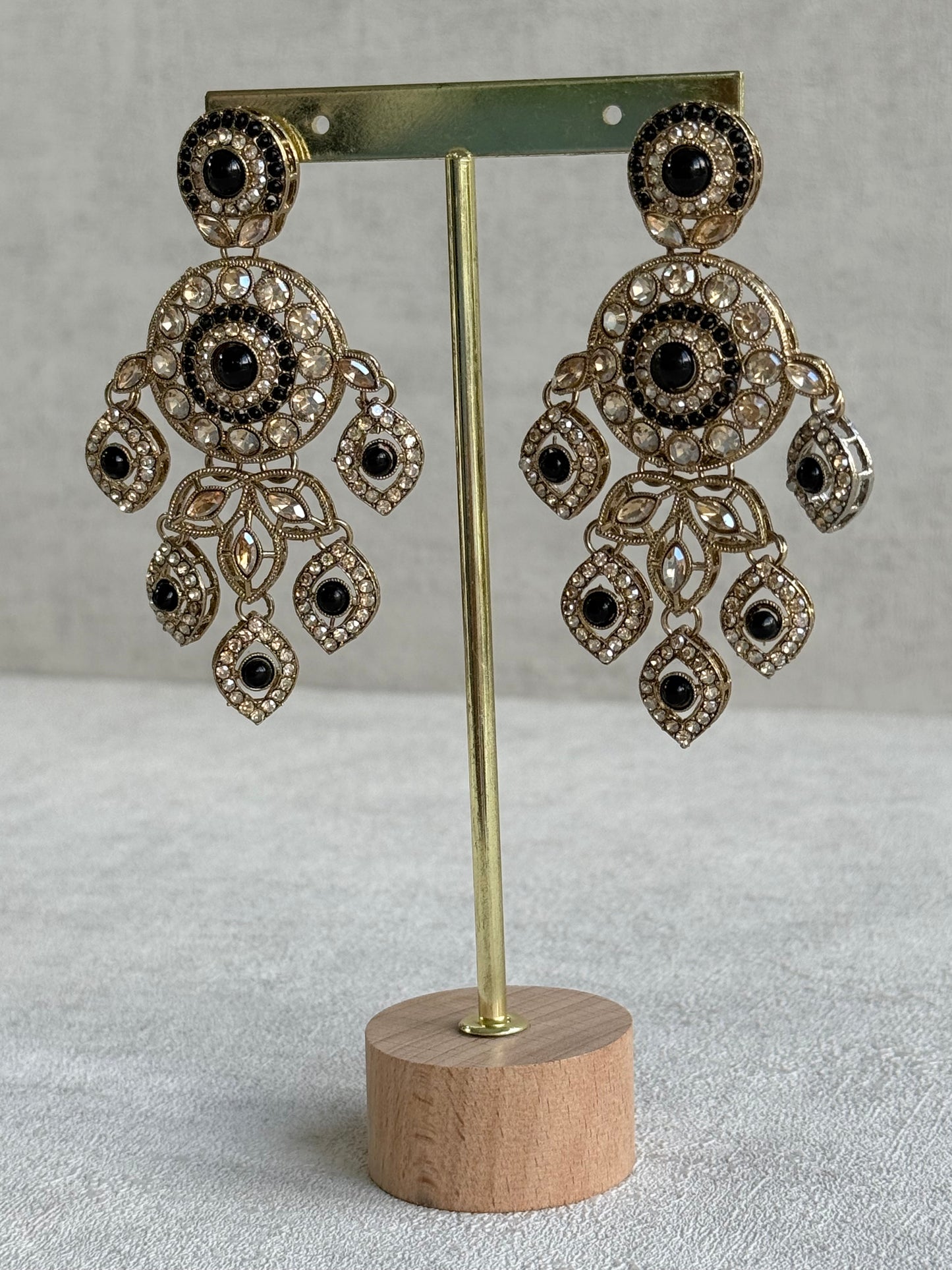 Ayura Designs Vanika Earrings – Black & Champagne Crystal Gold Finish