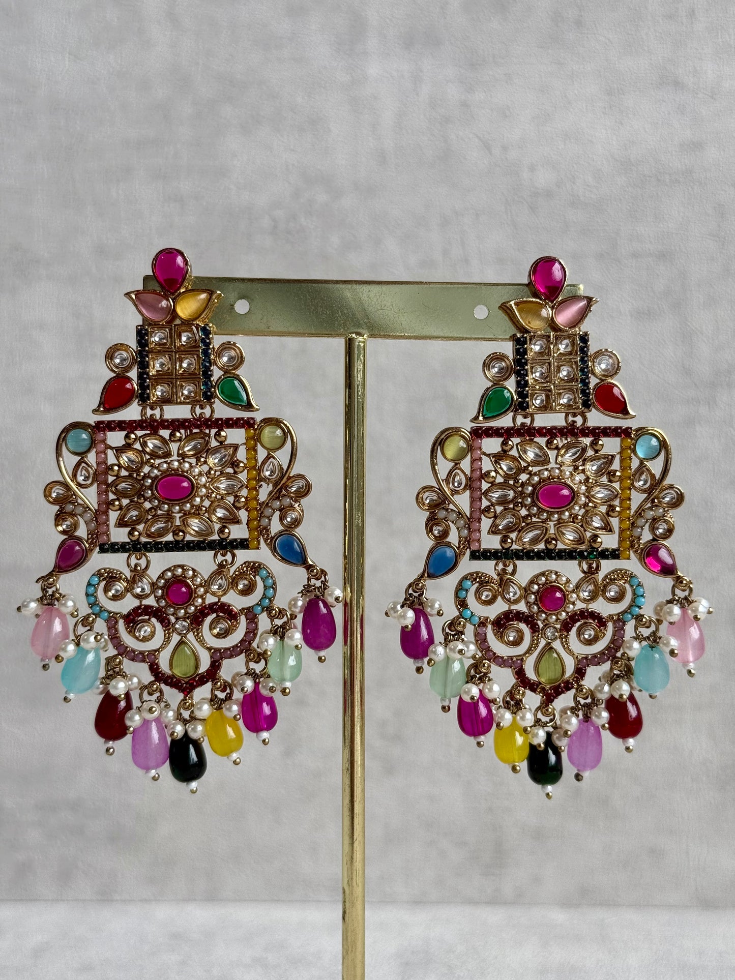 Ayura Designs Arwa Earrings – Antique Gold Finish with Multicolour Stones & Pearl Detailing