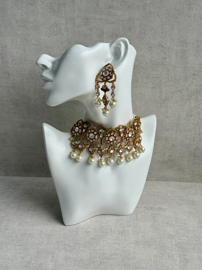Ayura Designs Serina Choker Set with Earrings – Peach & Pistachio Enamel, Mirror-Cut Stones & Pearl Drops