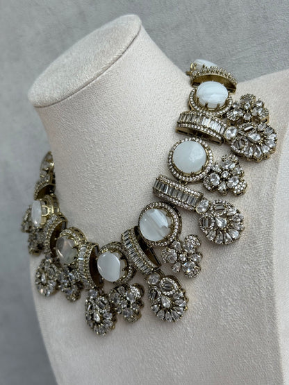 Ayura Designs Aabira Necklace Set with Earrings – White Marble Stones with Moissanite Style Detailing