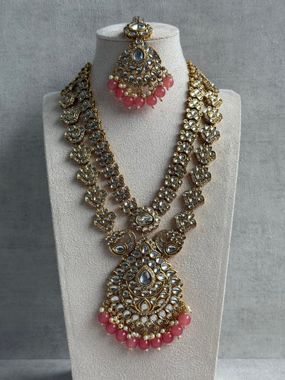 Ayura Designs Javeria Set with Earrings & Tikka – Peach Beads, Mirror Kundan & Gold Finish