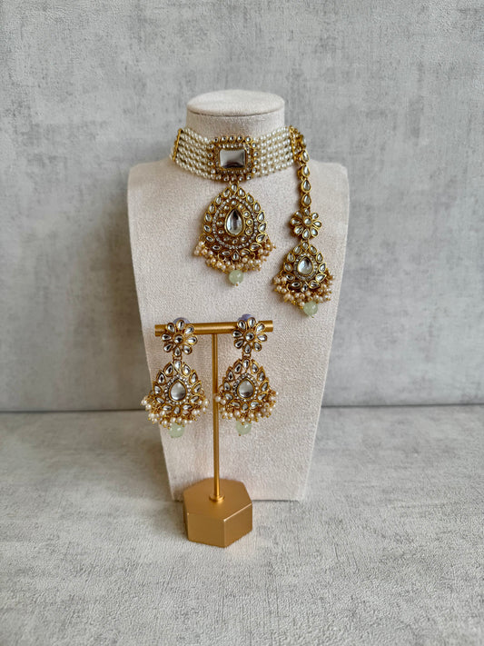 Ayura Designs Nargis Choker Set with Tikka & Earrings – Pistachio Green Stones, Mirror-Cut Kundan & Pearl Detailing