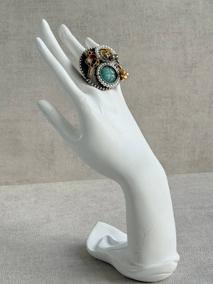 Ayura Designs Mihika Adjustable Ring – Oxidised Statement Ring with Green Stone, Pearl Detailing & Parrot Motif