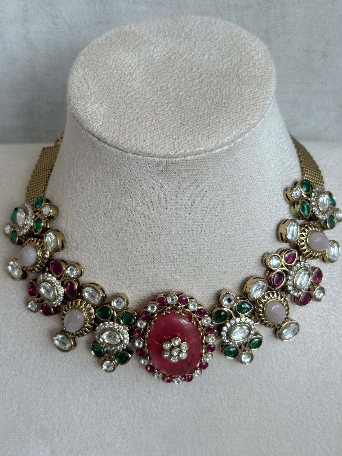 Ayura Designs Nova Necklace Set with Stud Earrings – Rose Pink Centre Stone, Kundan Detailing & Multicolour Gemstone Accents