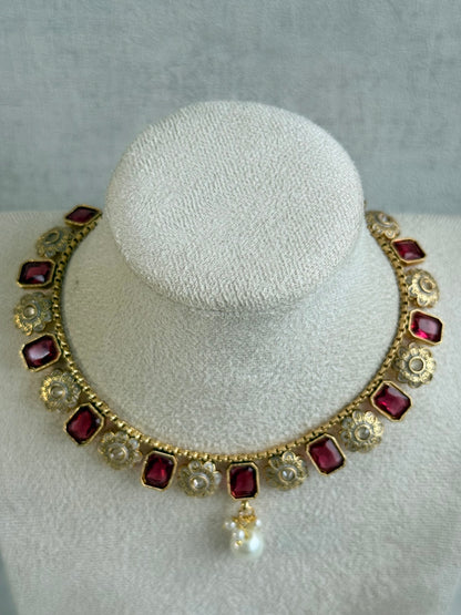 Ayura Designs Padma Necklace Set with Earrings – Rani Pink Stones with Pearl Drop Detailing