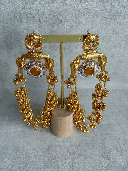 Ayura Designs Meelan Earrings – Antique Gold Earrings with Bird Motifs, Amber Stone & Ghungroo Detailing