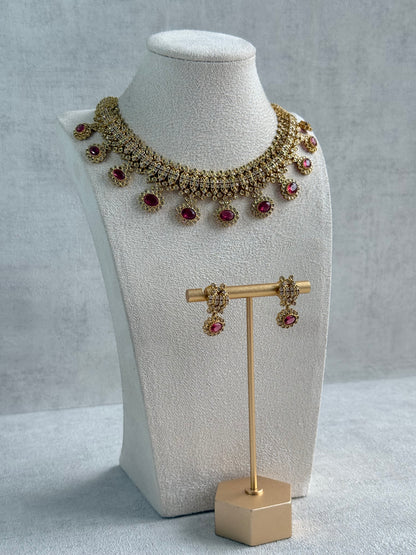 Ayura Designs Elisha Necklace Set with Earrings – Rani Pink & Crystal Stone Detailing