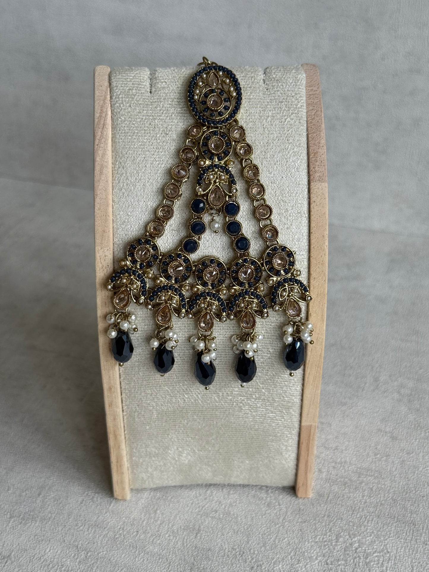 Ayura Designs Almas Tikka Set with Earrings, Tikka & Sahara – Midnight Blue Beads & Antique Gold Finish