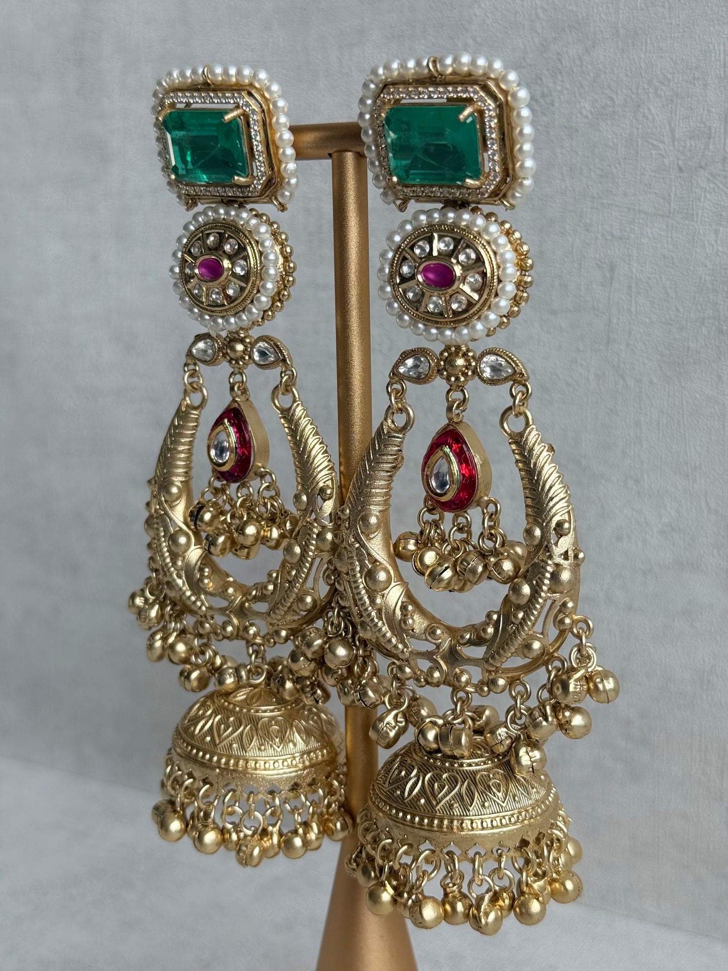 Ayura Designs Zirwa Earrings – Statement Jhumkis with Jade Green Stones, Ruby Accents, Pearl Borders & Ghungroos