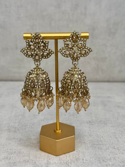 Ayura Designs Wafa Jhumkis – Gold & Champagne Crystal Elegance