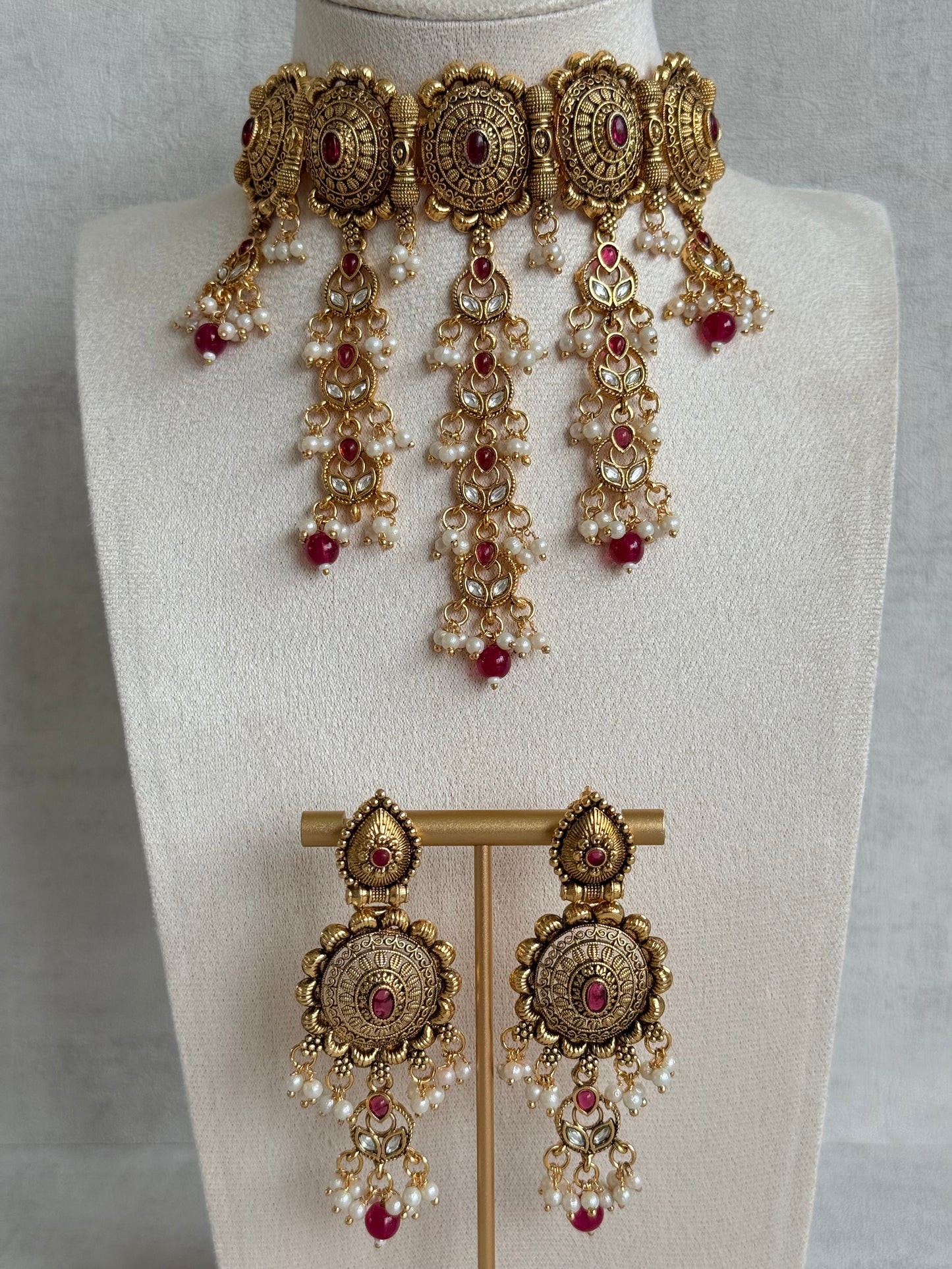 Ayura Designs Kabini Choker Set with Earrings – Gold Kundan Waterfall Choker with Ruby Pink Beads & Pearls