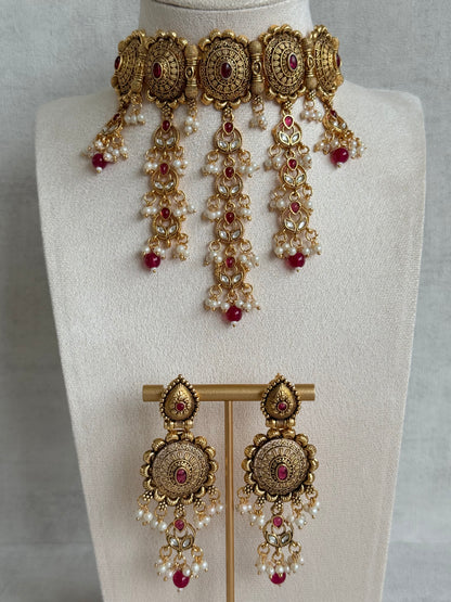 Ayura Designs Kabini Choker Set with Earrings – Gold Kundan Waterfall Choker with Ruby Pink Beads & Pearls