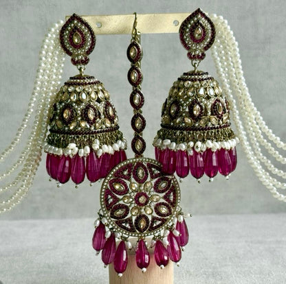 Ayura Designs Amrita Set – Jhumkis with Sahare & Tikka in Magenta, Pearls and Antique Gold Finish