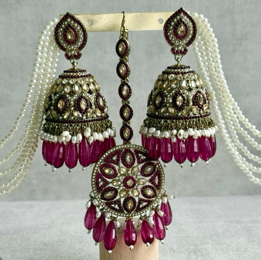Ayura Designs Amrita Set – Jhumkis with Sahare & Tikka in Magenta, Pearls and Antique Gold Finish