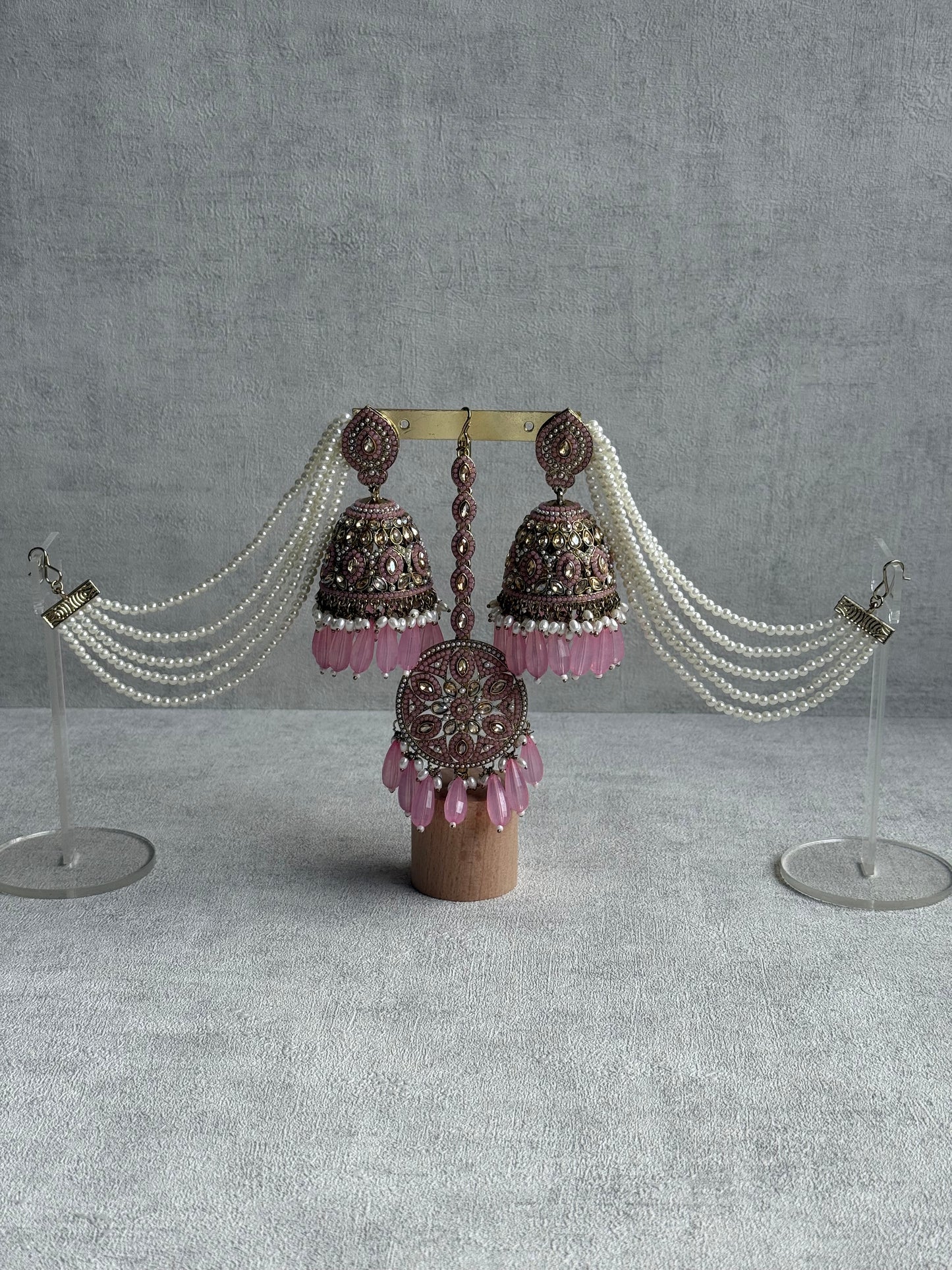 Ayura Designs Amrita Tikka Set – Jhumkis with Sahare & Tikka in Blush Pink, Pearls and Antique Gold Finish