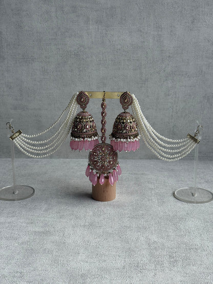 Ayura Designs Amrita Tikka Set – Jhumkis with Sahare & Tikka in Blush Pink, Pearls and Antique Gold Finish