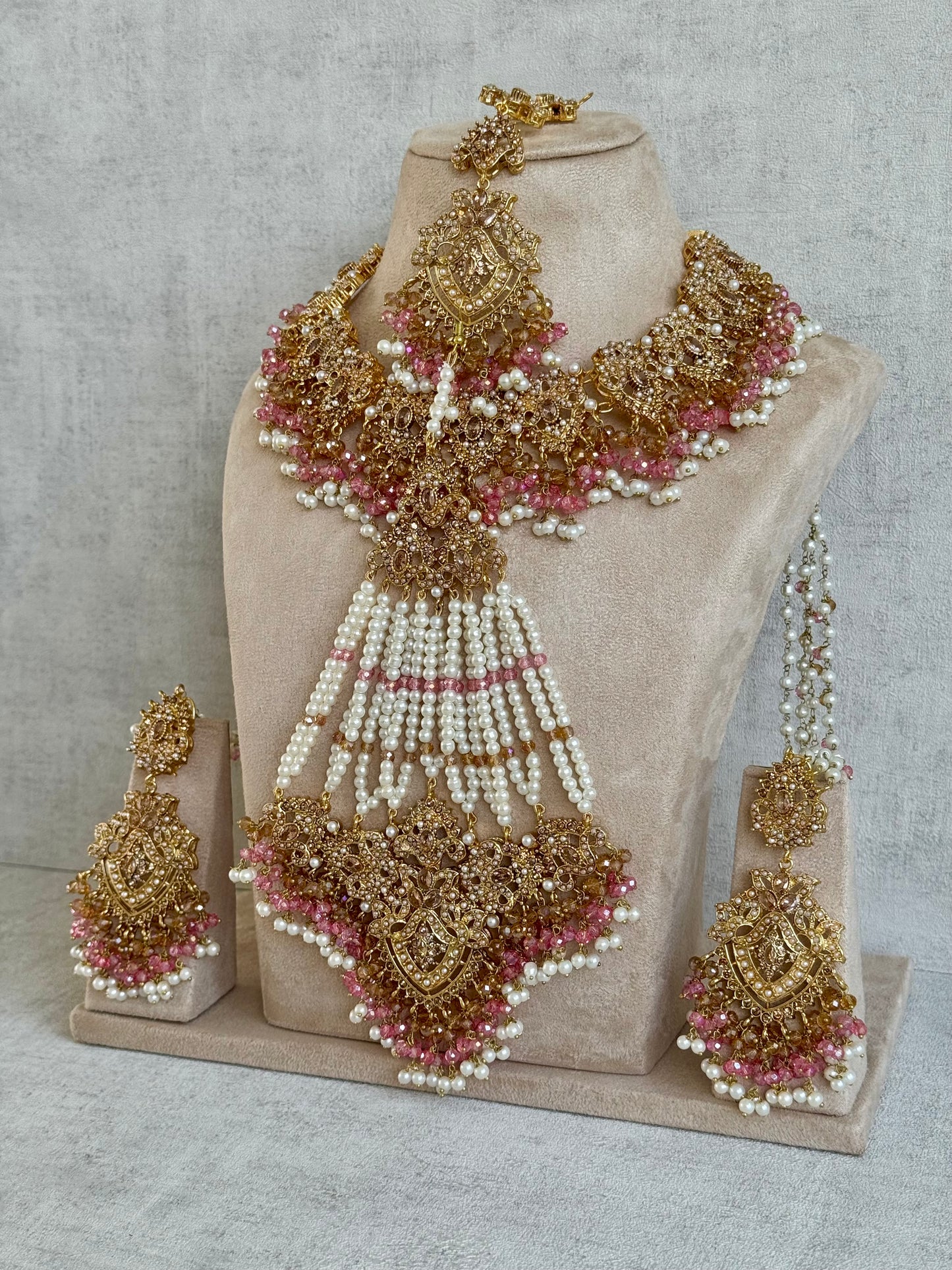 Ayura Designs Faryal Bridal Set with Necklace, Earrings, Tikka & Jhoomar – Antique Gold, Pearl & Blush Pink Detailing