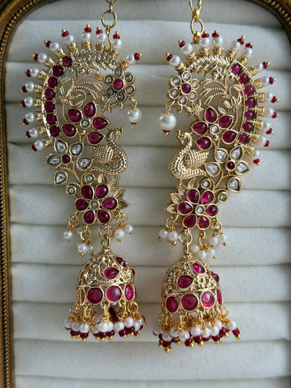 Ayura Designs Nitya Kaanphool Jhumkis – Gold Peacock Motifs, Pink Kundan & Pearl Drops with Attached Sahare
