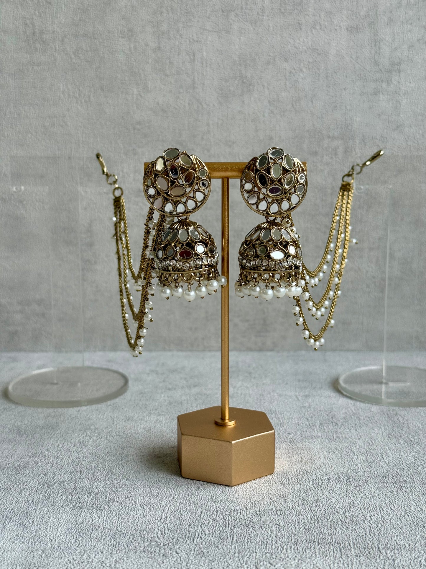 Ayura Designs Aaina Jhumkis – Antique Gold Mirror-Cut Dome Earrings with Detachable Pearl Sahare