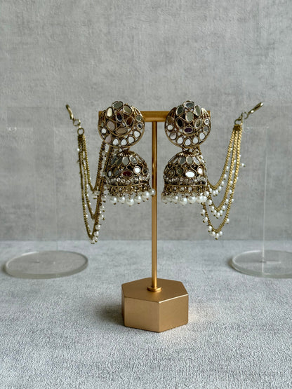 Ayura Designs Aaina Jhumkis – Antique Gold Mirror-Cut Dome Earrings with Detachable Pearl Sahare