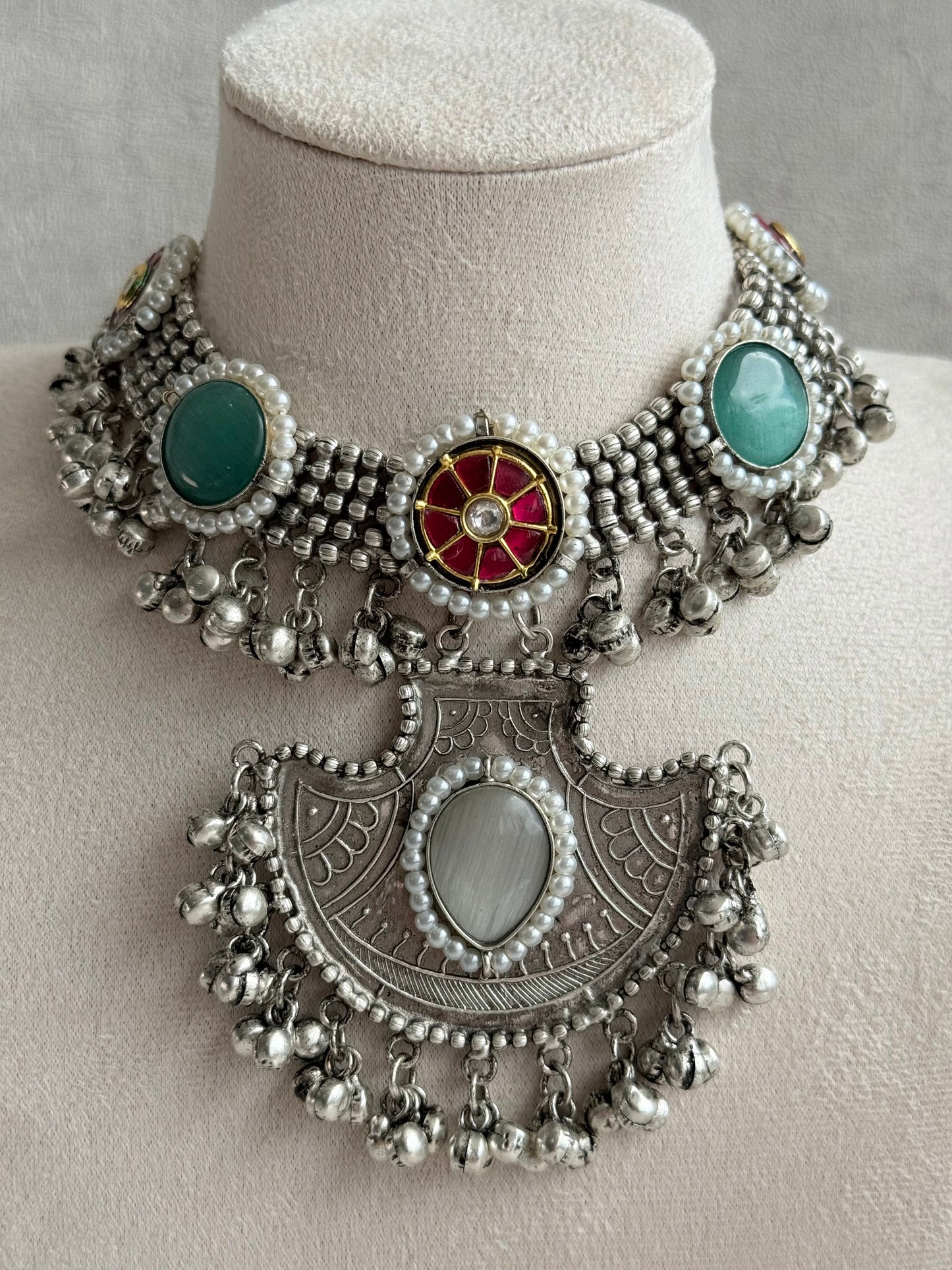 Ayura Designs Zareefa Necklace Set with Jhumkis – Oxidised Silver Pendant Necklace with Multicolour Stones, Pearl Detailing & Ghungroo Accents