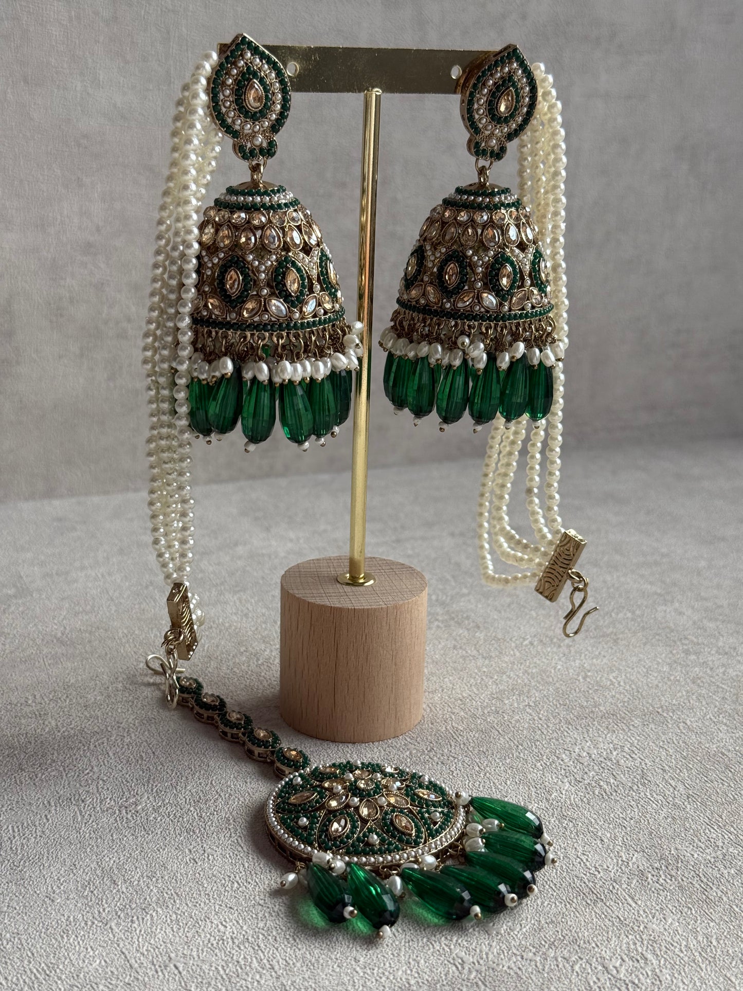 Ayura Designs Amrita Set – Jhumkis with Sahare & Tikka in Emerald Green Beads, Pearls and Antique Gold Finish