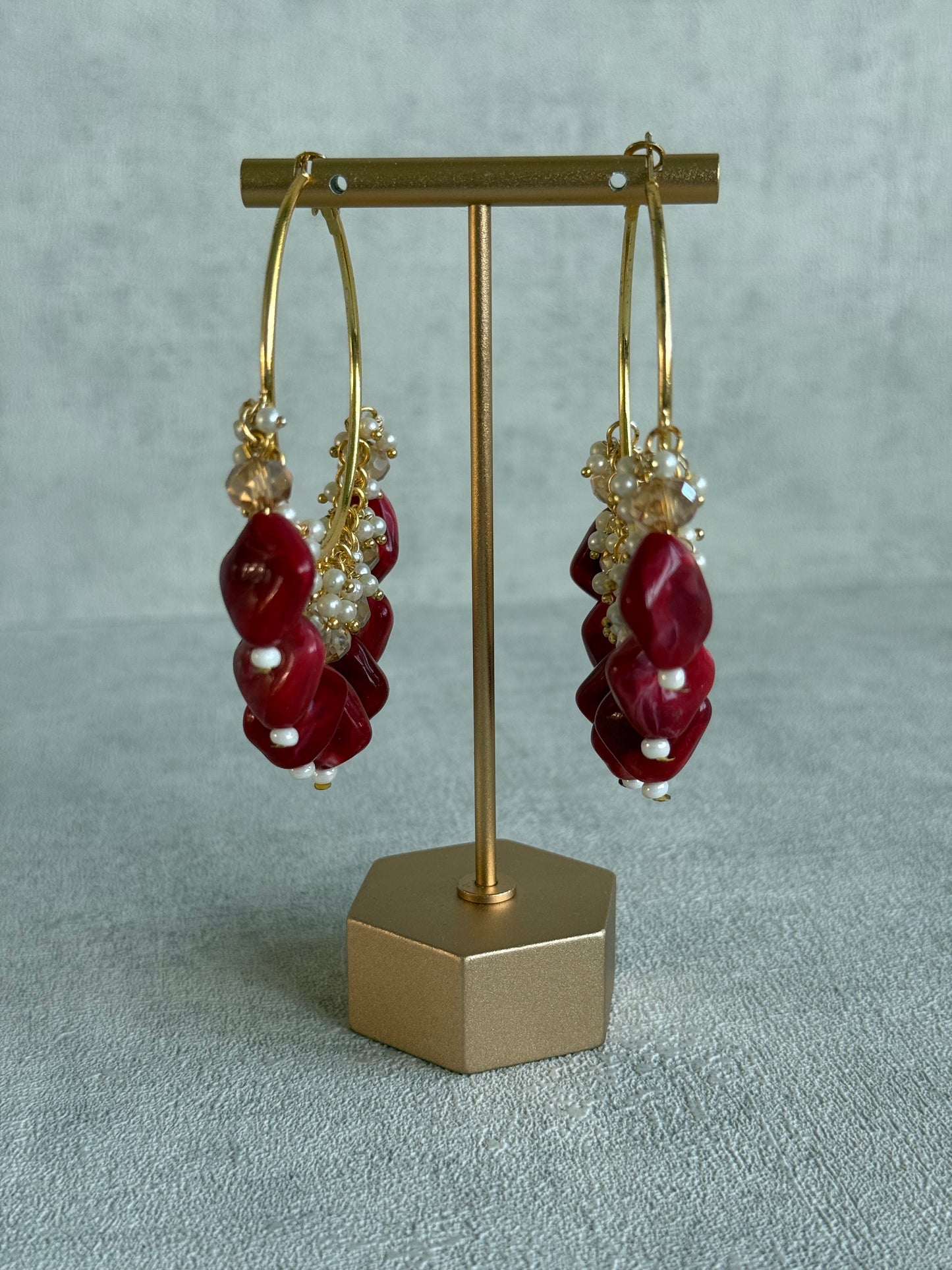 Ayura Designs Heer Balis – Gold Hoops with Ruby Marble Beads, Pearls & Crystal Detailing