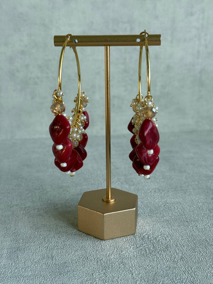 Ayura Designs Heer Balis – Gold Hoops with Ruby Marble Beads, Pearls & Crystal Detailing