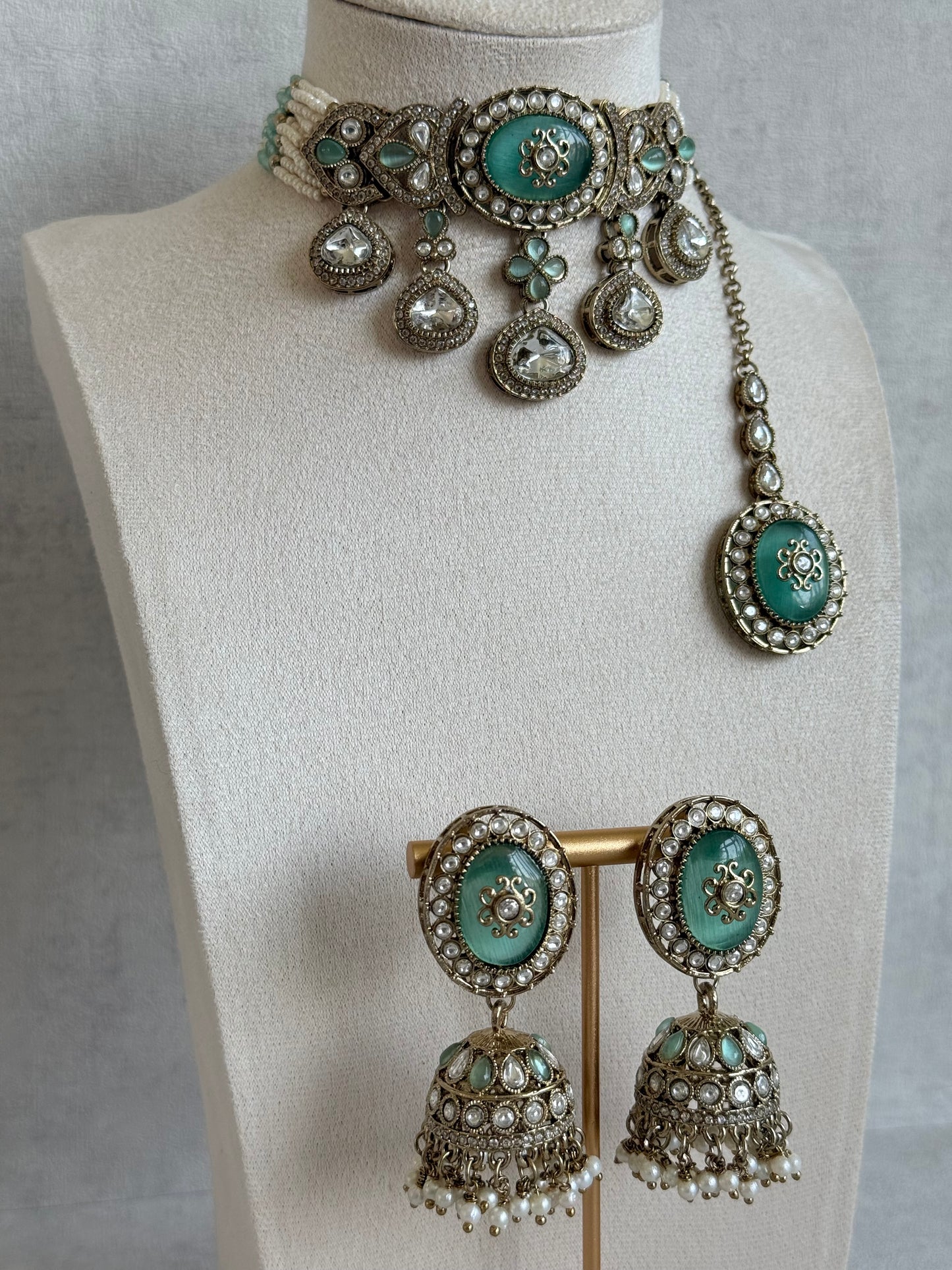 Ayura Designs Myra Choker Set with Jhumkis & Tikka – Mint Green Kundan & Pearl Detailing