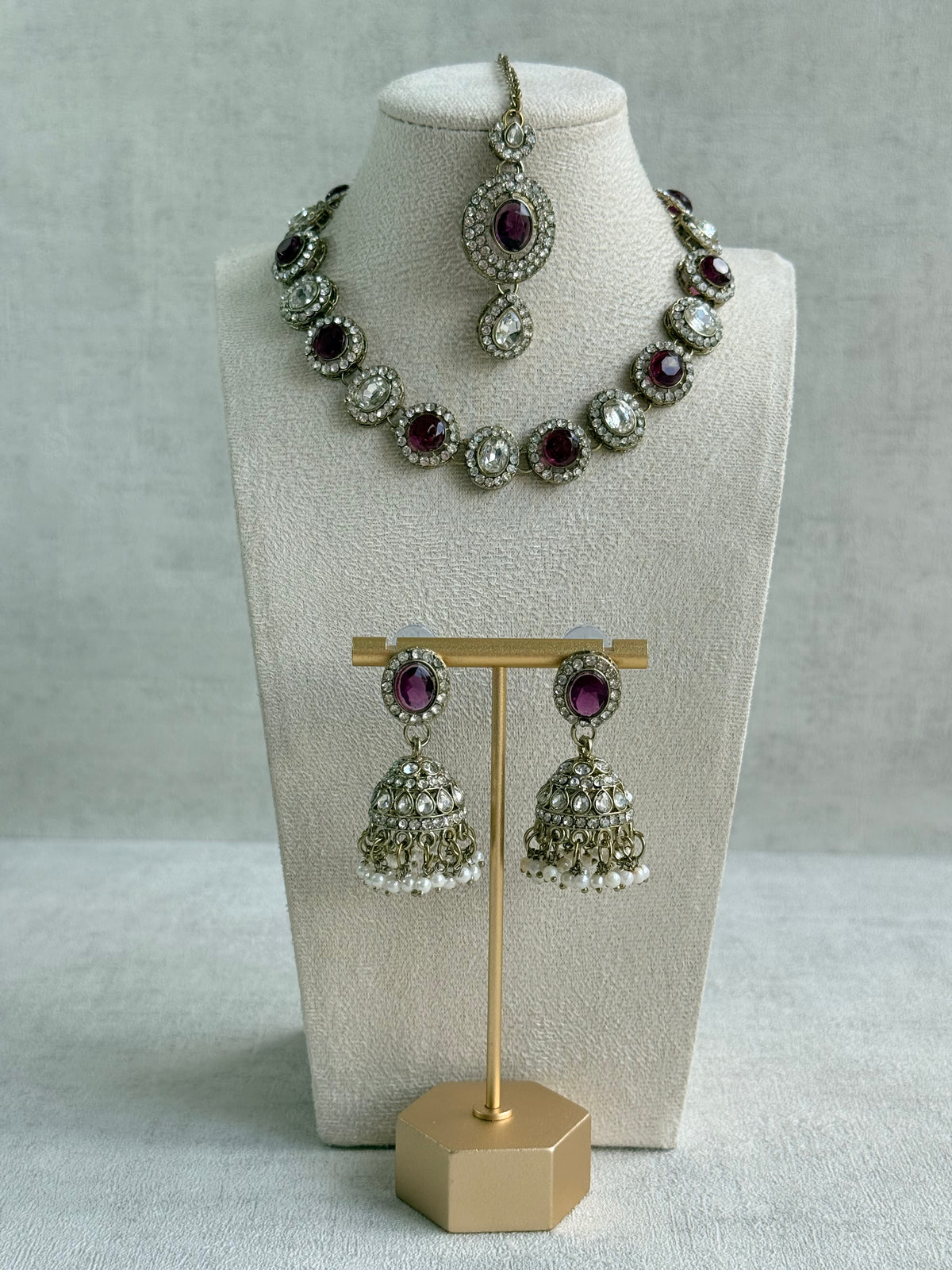 Ayura Designs Eira Necklace Set with Earrings & Tikka – Plum & Crystal Stones with Antique Gold Finish